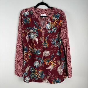 Denim & Co. Tunic Top Women's Large Red Floral Split Neck Long Sleeve Pullover
